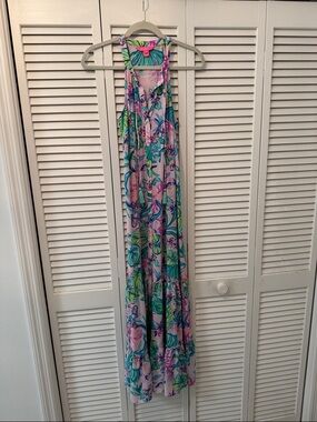 Lilly Pulitzer Pink Maxi Dress with Green & Blue Floral Print